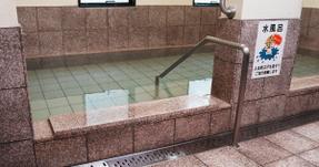 畑冷泉館の水風呂の内部と「水風呂」の案内板