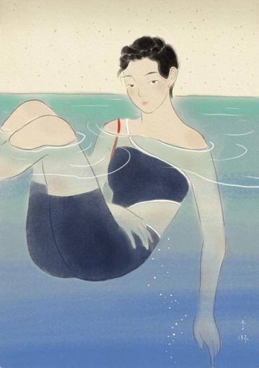 水風呂に浸かる女性の絵