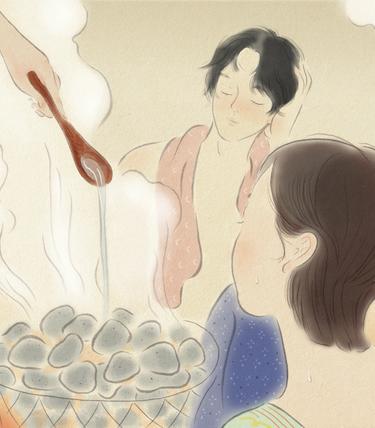 プライベートサウナでほうじ茶ロウリュを楽しむ男女